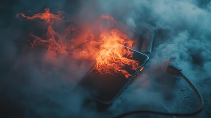 2410 77.Flames engulf the area where a phone is charging, as the charging cord plugged into the outlet short-circuits. Smoke fills the air, with the phone and plug charred, showing the hazard of