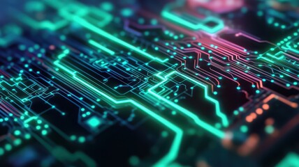 Fototapeta premium Close-up view of a vibrant circuit board with glowing lines and dynamic patterns, showcasing technology and innovation.
