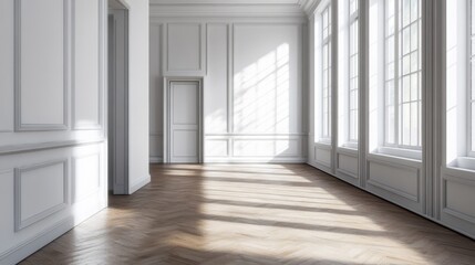 A bare, white room with wooden floors.