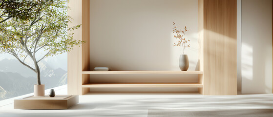Fototapeta premium A serene nature-inspired dressing room featuring elegant wooden shelves and natural elements for tranquil living spaces