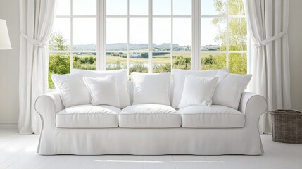 A bright white living room with a comfortable sofa. The window shows a beautiful summer scene. The room has a clean and simple Scandinavian style.