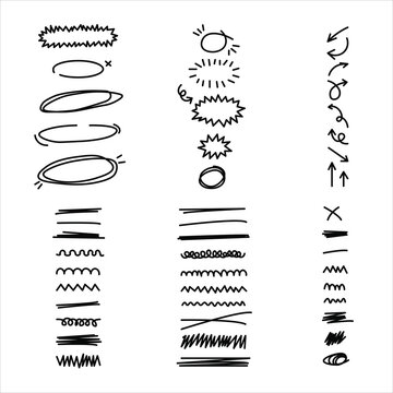 Scribble doodle underline emphasis line shape set. Hand drawn brush stroke elements