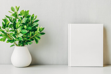Minimalist interior design with blank book and green plant in white vase
