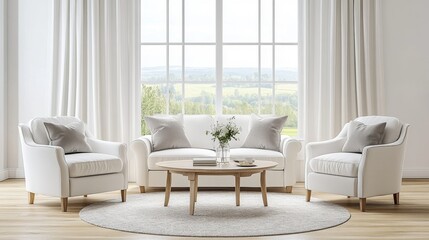A bright white living room with a comfy sofa, two armchairs, and a coffee table on a rug. The room has a beautiful view of the countryside through a large window. The floor is made of hardwood.