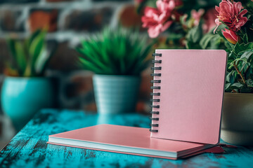 Elegant pink journals on blue rustic table with vibrant floral background