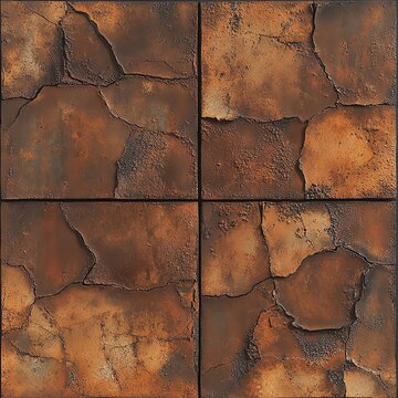 Four rusty metal tiles with cracked texture and weathered patina, creating an industrial look.