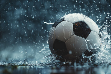Naklejka premium Soccer ball splashing on a wet surface. Generative AI image