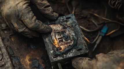 2410 63.A power plug visibly burnt and melted after a short circuit, as the technician carefully inspects the damage. The exposed wiring and charred socket emphasize the severity of the electrical