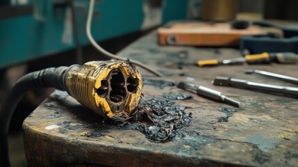 2410 63.A power plug visibly burnt and melted after a short circuit, as the technician carefully inspects the damage. The exposed wiring and charred socket emphasize the severity of the electrical