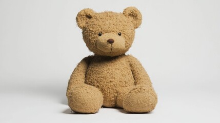 Obraz premium A brown teddy bear sits against a plain white backdrop.