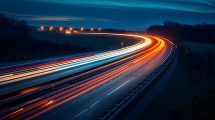 Obraz premium Blurred lights of cars driving on a winding highway at night with long exposure