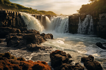 Majestic sunset over rugged waterfall landscape
