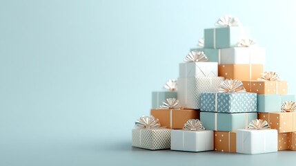 Multiple small gift boxes are arranged in a triangular shape to resemble a Christmas tree. Each box is wrapped in different festive colors and patterns