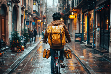 Delivery cyclist with a yellow backpack in a rainy cityscape. Generative AI image