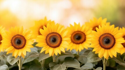 Obraz premium Cluster of sunflowers in a garden, basking in warm sunlight, showcasing their bright yellow petals and lush green leaves.