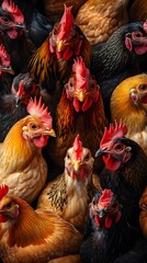 A close-up of chickens in an industrial farm, their eyes focused on the camera as they peck at grain and feathered bodies scattered around them