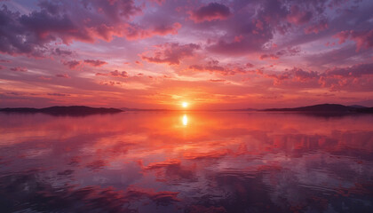 Fototapeta premium Stunning sunset reflecting on calm water with colorful clouds 
