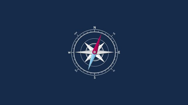 Animated compass 4K video. Flat Animated Icon on dark blue Background. Directional compass Pointing to Balance Motion Graphic 60 fps Animation on chroma key
