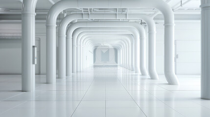 Obraz premium modern industrial interior featuring long corridor with white pipes and clean, minimalist design. bright, spacious environment conveys sense of innovation and efficiency