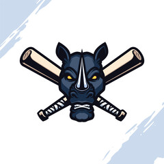 Rhino Head with Crossed Baseball Bat Mascot Vector