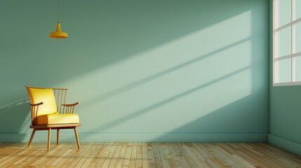 modern living room design featuring yellow sofa, wooden flooring, and serene blue wall. sunlight casts beautiful shadows, creating warm and inviting atmosphere