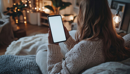 Cozy woman relaxing in warm bedroom, holding smartphone while enjoying peaceful evening. soft lighting and comfortable surroundings create serene atmosphere