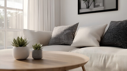 Modern Living Room with Beige Sofa, Black-and-White Pillows, and Sleek Coffee Table with Potted Succulent