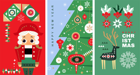 Merry Christmas and Happy New Year  holiday abstract background  template set cards  design with Gifts,  ball toy, christmas tree,  garland  Modern Xmas flat  vector illustration