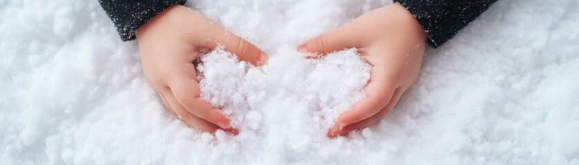 Fototapeta premium Gentle hands cradling soft white snowflakes in winter, creating a serene and peaceful atmosphere of cold beauty.