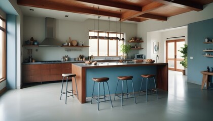 Obraz premium a sleek modern house interior featuring a combination of wood and metal elements, with exposed beams, industrial-style furniture, and a large kitchen island with high stools