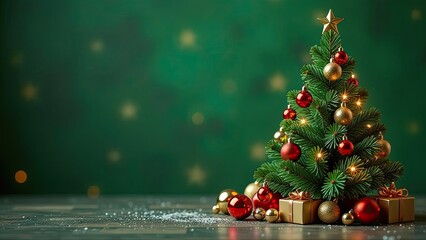 close-up banner of a Christmas tree on the right side decorated with gold and red balls and a yellow star, with golden gift boxes and christmas balls under the tree, green blur background
