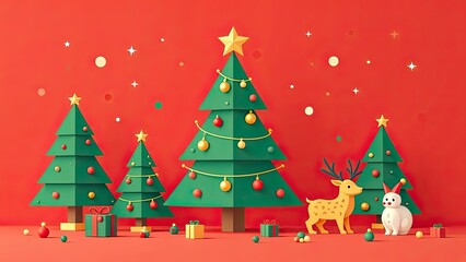 flat illustration of green decorated Christmas trees with deer and hare on a red background, gift boxes and Christmas balls on a red floor