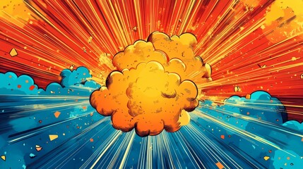A comic-style explosion illustrated with bold colors and dynamic lines, showing energy and movement against a vibrant backdrop reminiscent of graphic novel art.