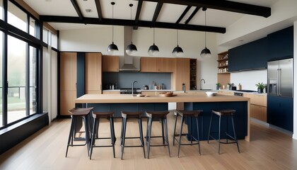 Fototapeta premium a sleek modern house interior featuring a combination of wood and metal elements, with exposed beams, industrial-style furniture, and a large kitchen island with high stools