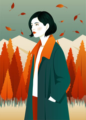 A dark-haired girl in a coat walks through the autumn forest