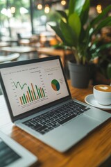 Fototapeta premium Cozy cafÃ© workspace featuring a laptop displaying colorful data charts, coffee cup, and lush greenery, perfect for productivity and financial analysis.