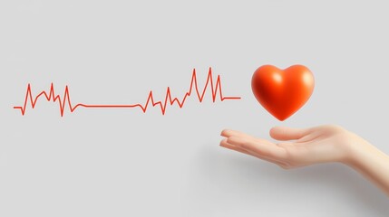 3D medical heart rate icon. Doctor's hand holding a heart with chart line. Healthcare cardiogram clip art, isolated on white.