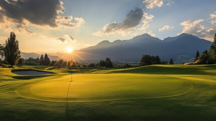 A picturesque golf course at golden hour, with the setting sun casting long shadows and mountains providing a breathtaking backdrop.