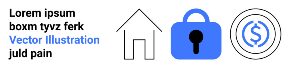 House outline, lock, and coin signify home security and financial safety. Ideal for security, savings, investment, real estate, home protection. Banner for landing page
