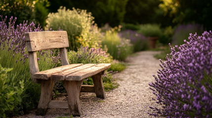 Serene Garden Pathway Lined with Blooming Lavender, Rustic Bench, and Soft Morning Light