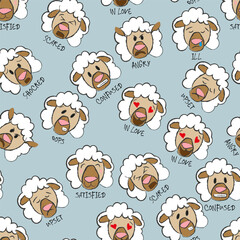 Seamless pattern with the image of a sheep's face with different emotions