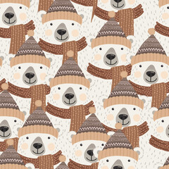 Seamless pattern with the image of a polar bear in a knitted hat and scarf in a delicate pastel color scheme in a cartoon style