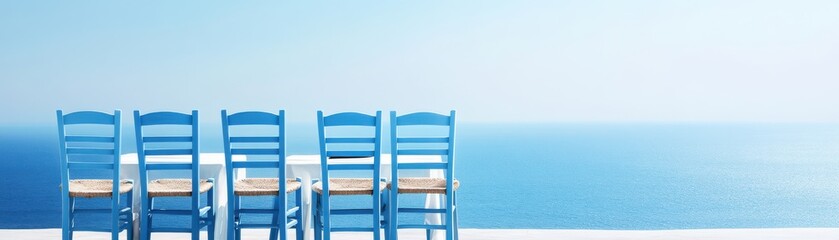 Fototapeta premium Row of blue chairs overlooking a serene ocean, perfect for relaxation and escape to a tranquil seaside setting.