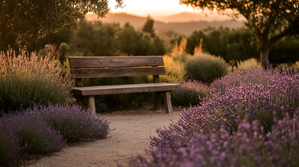 Serene Garden Pathway Lined with Blooming Lavender, Rustic Bench, and Soft Morning Light