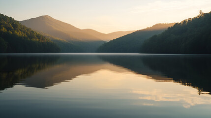 Fototapeta premium Serene Mountain Lake at Sunrise with Morning Light Reflecting on Calm Water and Lush Greenery