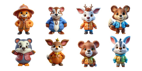 Cute Cartoon Forest Animals in Colorful Jackets, PNG collection, set bundle, isolate on transparent or white background