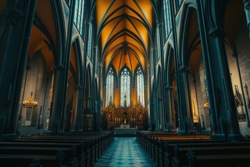 Fototapeta premium Evocative image capturing the serene beauty and architecture of a gothic cathedral interior during twilight