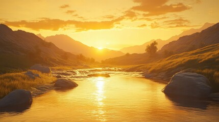 A scenic mountain river bathed in the warm glow of the setting sun, with golden light reflecting off the peaceful waters. The surrounding nature is serene.