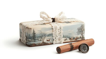 A medium-sized gift box wrapped in antique-style paper featuring old-fashioned Christmas scenes. It&rsquo;s tied with a delicate lace ribbon, and a wax seal stamped with a snowflake design adds a vintage
