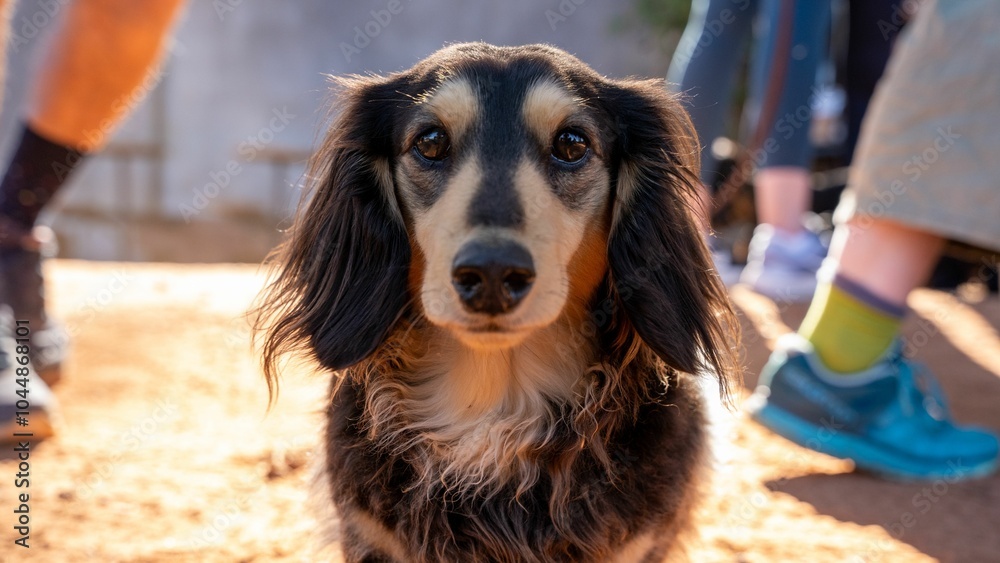 Wall mural Cute long-haired dachshund on a sunny day, surrounded by people in casual attire.